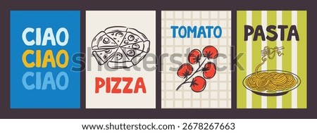Whimsical hand drawn summer poster and postcard template in trendy hand drawn style. Perfect doodle for greece italian  restaurant and cafe, kitchen wall art, poster, party, birthday, sign.