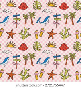 Whimsical handgezeichnete Sommer nahtlose Muster in trendigen handgezeichneten Stil. Perfekter Hintergrund für schrulligen italienischen Hochzeitsurlaub, Plakatkarten, Abendessen und Bar-Menü, Stoff, Umhüllungspapier
