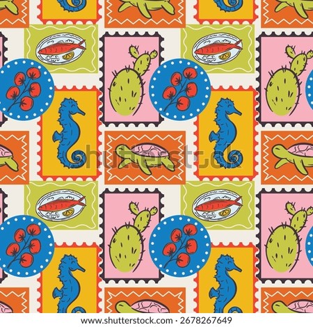 Whimsical hand drawn summer seamless pattern in trendy hand drawn style. Perfect background for quirky italian wedding holiday, poster cards, dinner and bar menu, fabric, wrapping paper