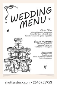 Whimsical hand drawn vector illustration with traditional food, desserts, and drinks. Coquette romantic design perfect for table signage, wedding programs, or summer event branding.