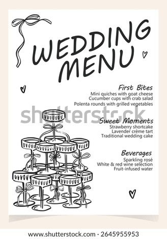 Whimsical hand drawn vector illustration with traditional food, desserts, and drinks. Coquette romantic design perfect for table signage, wedding programs, or summer event branding.