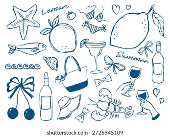Whimsical handgezeichnete Vektorgrafik Sommer-Set von mediterranen Urlaubsillustrationen in blauer Farbe