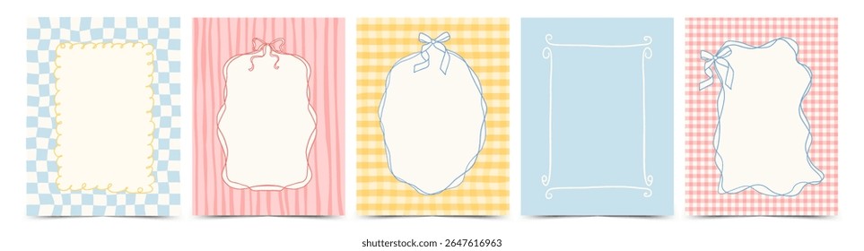 Whimsical hand drawn vintage frames. Colorful checkered and striped borders with wavy lines, bows, ribbons. Vector template for poster, banner, birthday, invitation, card, menu.