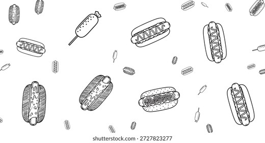 A whimsical, hand-drawn, black and white pattern featuring various hot dogs and corn dogs scattered across a white background.