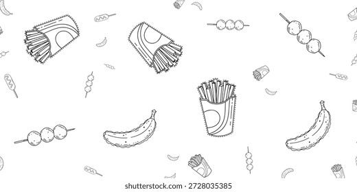 Un patrón caprichoso, dibujado a mano, en blanco y negro con varios aperitivos como papas fritas, perros de maíz y pinchos de albóndigas, intercalados con plátanos.