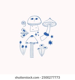 A whimsical, hand-drawn blue mushroom illustration with surreal elements, including plants, insects, and abstract shapes on a light background