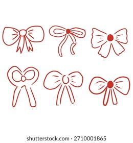 Whimsical Handdrawn Bow Illustrations set. Doodle Ribbons for Cards, Stickers, and Prints. 