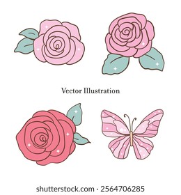 Whimsical Hand-Drawn Butterfly and Flower Decorative. Vector  Illustration