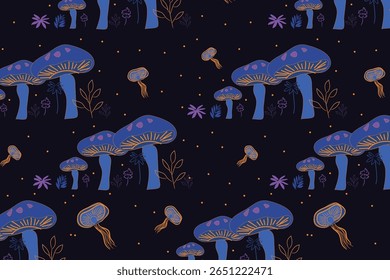 Uma floresta celestial caprichosa e desenhada à mão flutua sob o luar, florescendo com flores brilhantes e etéreas em um cenário mágico e bioluminescente.