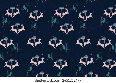 Uma floresta celestial caprichosa e desenhada à mão flutua sob o luar, florescendo com flores brilhantes e etéreas em um cenário mágico e bioluminescente.