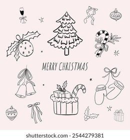 Whimsical Hand-Drawn christmas doodle line art vector illustrations for wall art decor or new year party invitations. Perfect for labels, posters, cards, tags, social media posts, sale banner