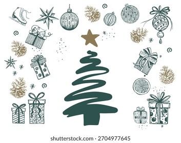 Navidades dibujadas a mano caprichosas Colección de Elementos de Festiva