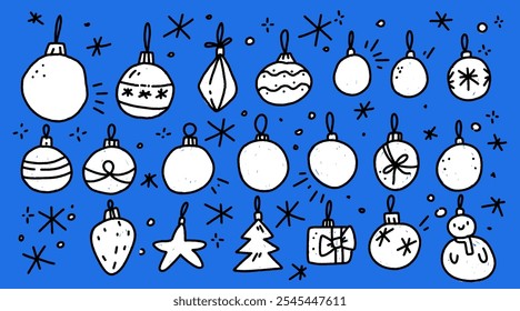 Whimsical handdrawn Christmas tree toy set. Vintage baubles, garlands, and holiday decorations. Black and white sketchy vector icons on blue background.