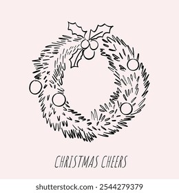 Whimsical Hand-Drawn Christmas wreath line art vector illustrations for wall art decor or new year party invitations. Perfect for labels, posters, cards, tags, social media posts, sale banner