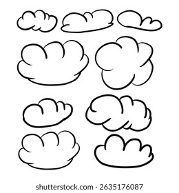 Whimsical hand-drawn clouds in line art style, featuring speech bubbles, frames, and comic shapes. Perfect for stickers, journaling, social media, and playful design projects.