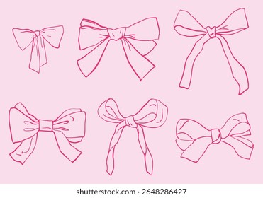 Whimsical hand-drawn collection of bows. Doodle style illustration of vector ribbon bows. Isolated on color background. Perfect for birthday, birthday, wedding designs. 