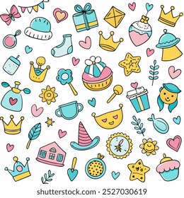 A whimsical hand-drawn collection of cute baby shower illustrations, featuring crowns, cupcakes, stars, and more. Perfect for party invitations, scrapbook pages, or any baby-related project.