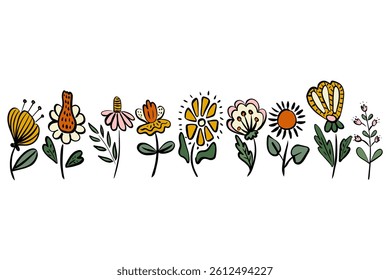 Whimsical hand-drawn colorful flower collection in cartoon doodle style - perfect for spring designs, kids projects, greeting cards, textiles, stickers, and botanical illustrations.