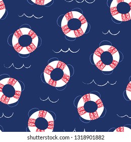 Whimsical, Hand-Drawn with Crayons, Lifebuoys in Sea Vector Seamless Pattern for Kids and Babies