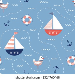 Whimsical Hand-Drawn with Crayons Nautical Map Vector Seamless Pattern with Ships, Seagulls, Anchors, Lifebuoys