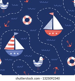 Whimsical Hand-Drawn with Crayons Nautical Map Vector Seamless Pattern with Ships, Seagulls, Anchor, Lifebuoy. Dark Blue