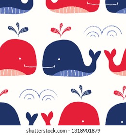 Whimsical, Hand-Drawn with Crayons, Red and Blue Whales in Sea Vector Seamless Pattern for Kids and Babies