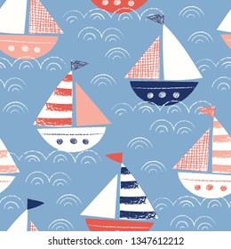 Whimsical Hand-Drawn with Crayons Ships in the Sea Vector Seamless Pattern. Cute Nautical Marine Background. Sea, Ocean Drawings