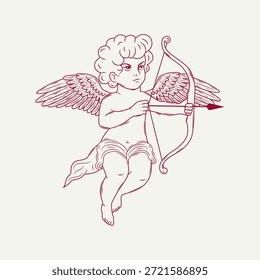 Whimsical handgezeichnete Cupid mit Pfeil. Vektorgrafik eines süßen kleinen Engels im Doodle-Line-Art-Stil.