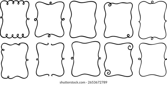 Quadros curvos caprichosos desenhados à mão. Bordas decorativas retangulares de doodle perfeitas para convites, notas, cartões, diários de bala ou projetos de scrapbooking