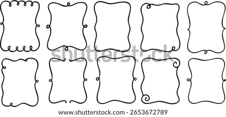 Whimsical hand-drawn curly frames. Decorative rectangular doodle borders perfect for invitations, notes, cards, bullet journals, or scrapbooking projects