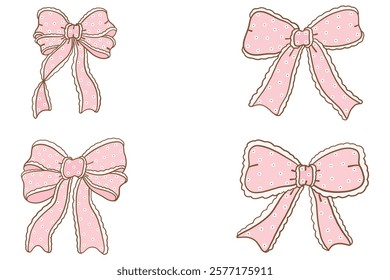 Whimsical Hand-Drawn Decorative pink Bow with heart pattern set . Vector Illustration