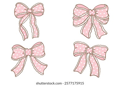 Whimsical Hand-Drawn Decorative pink Bow with heart pattern set . Vector Illustration