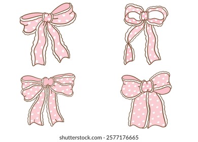 Whimsical Hand-Drawn Decorative pink Bow with flowers pattern set. Vector Illustration