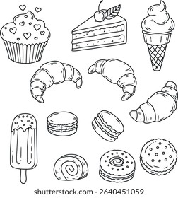 Whimsical Hand-Drawn Dessert Collection Featuring Cupcakes, Ice Cream, Cake Slices, Macarons, Croissants, Cookies, Popsicles, and Pastries in Cute Minimal Style with Pink Accents on White Background