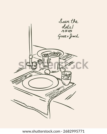 whimsical hand-drawn dinner party, dishes and flower in trendy vintage style. Perfect for quirky wedding, picnic holiday, dinner and bar menu, bachelorette party, birthday, invitation, card