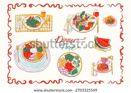 Whimsical Hand-Drawn Dinner Time Meal Assortment