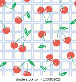 Whimsical hand-drawn doodle cherries and plaid vector seamless pattern background. Classic Summer Fruits Print