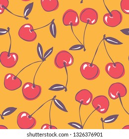 Whimsical hand-drawn doodle cherries vector seamless pattern background. Colorful Summer Fruits