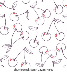 Whimsical hand-drawn doodle cherries vector seamless pattern background. Line Art Summer Fruits