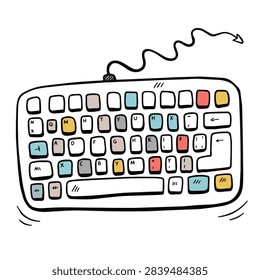 A whimsical hand-drawn doodle of a computer keyboard with multi-colored keys and a stylized cable cord isolated on a white background