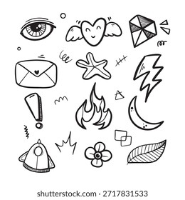 Whimsical Hand-Drawn Doodle Elements Collection A Creative Assortment of Playful Symbols and Everyday Objects in Black and White Sketch Style
