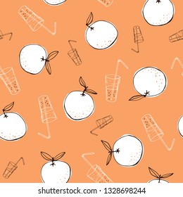 Whimsical hand-drawn doodle oranges and juice vector seamless pattern on orange background. Line Art Summer Fruits