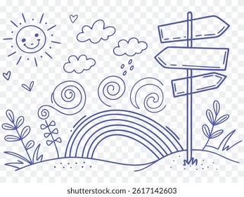 Whimsical hand-drawn doodle scene featuring rainbow, sunshine, clouds, plants, and a direction signpost, perfect for children’s illustrations, map designs, or playful creative themes.