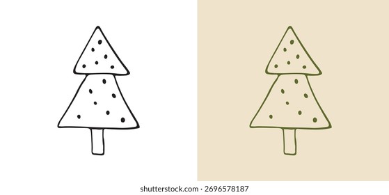Whimsical hand-drawn doodle style vector illustration of a simple spotted tree. Ideal for winter celebrations, holiday graphics, greeting cards, and festive merchandise.