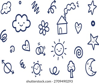 Extravagantes garabatos dibujados a mano de nubes sonrientes, sol, luna, casa y estrellas crean un patrón juguetón e infantil.