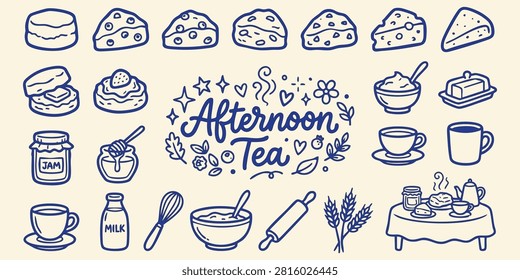 Whimsical hand-drawn elements for afternoon tea perfect for designing invitations menus or recipe cards with a sweet artisanal touch.