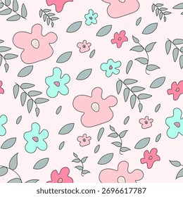 Un caprichoso patrón floral dibujado a mano con flores suaves de color rosa y verde azulado y delicadas hojas grises sobre un fondo rosa claro.