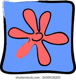 Whimsical Handdrawn Flower Icon on Blue Square Background Illustration