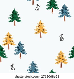 Whimsical Hand-Drawn Forest Pattern with Rabbits and Colorful Trees