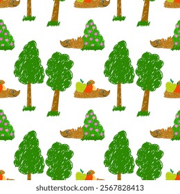 Whimsical hand-drawn hedgehogs with apples, trees, and bushes in a seamless pattern. Fun, colorful design on white.